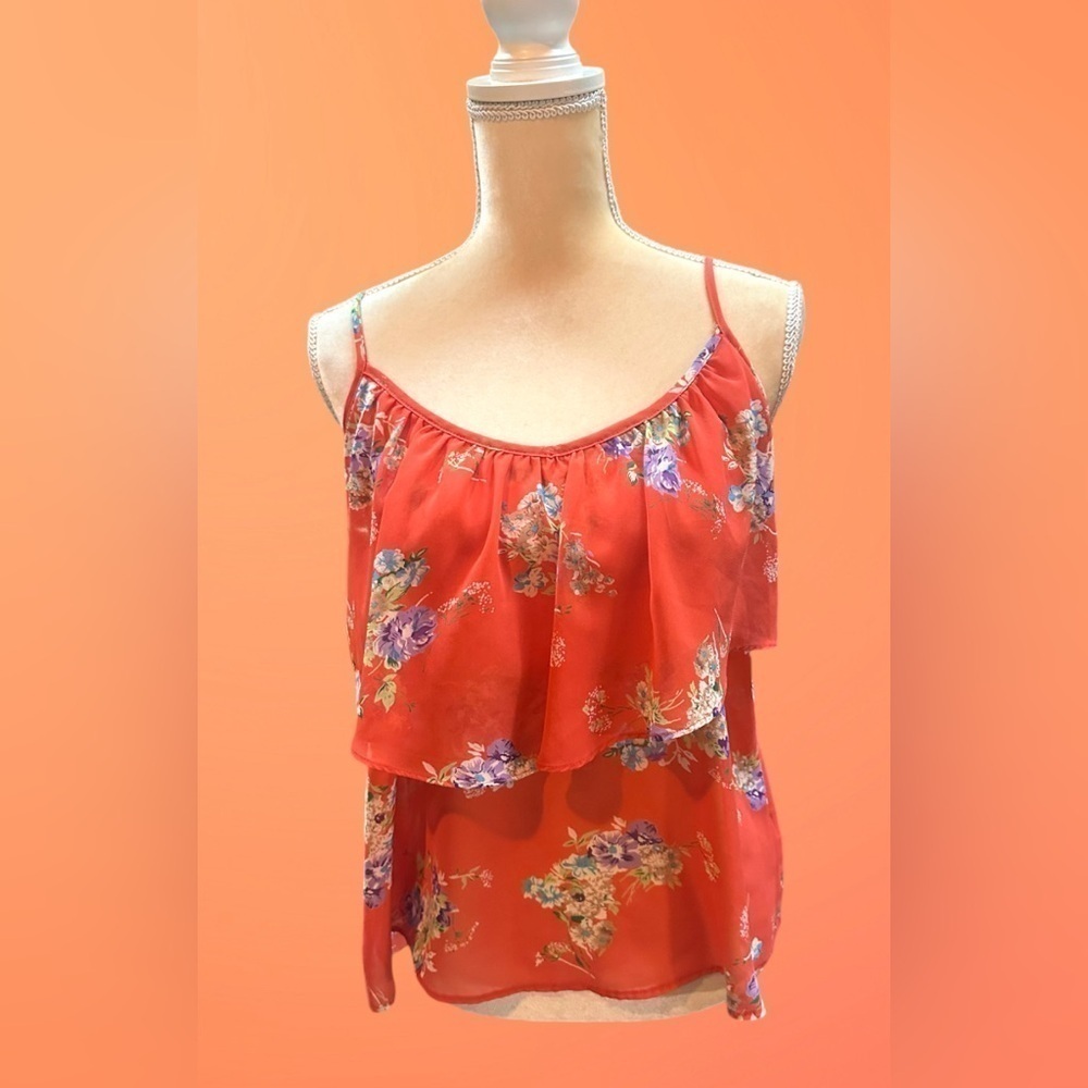 Forever21 Small Coral Tank Top Spaghetti Strap Layered Sheer Floral Summer Top